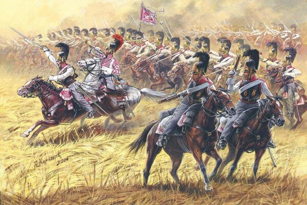 The advance of cavalry and firs on the field