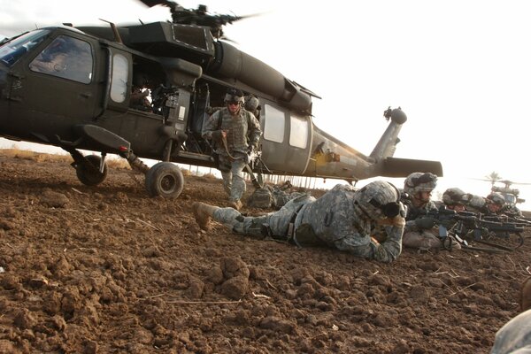 Military exercises with a helicopter