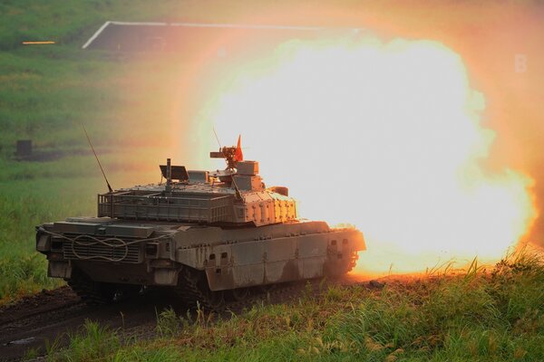 Training tank shooting on the field