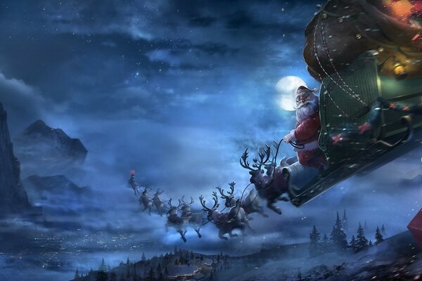 Winter night and Santa Claus in the sky