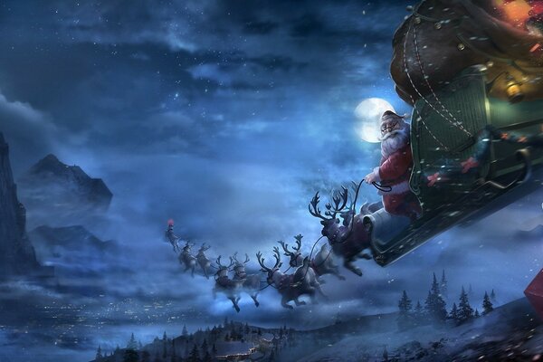 Noche de invierno y Santa Claus en el cielo