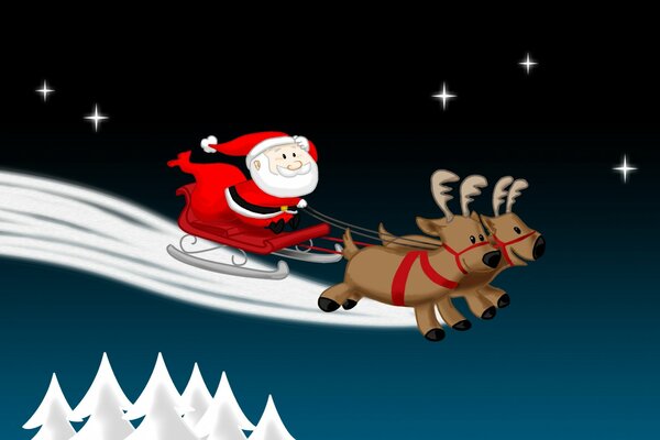 Santa Claus in a sleigh with reindeer flies through the night sky