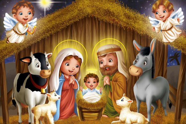 Weihnachten Jesu im Stall mit Haustieren