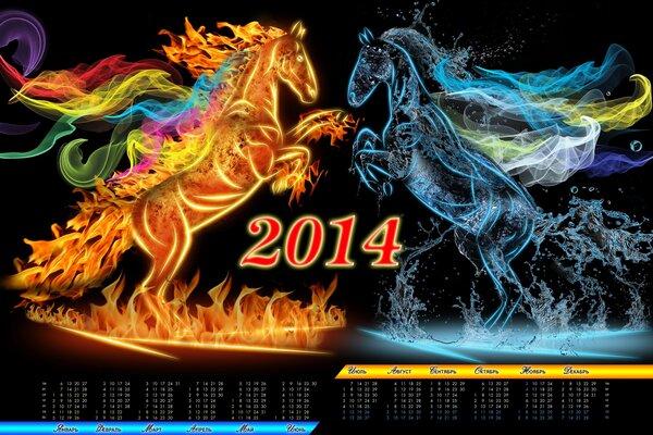 Calendario con dos caballos-hielo y fuego