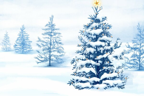 Dibujo de árboles de Navidad en la nieve en el bosque