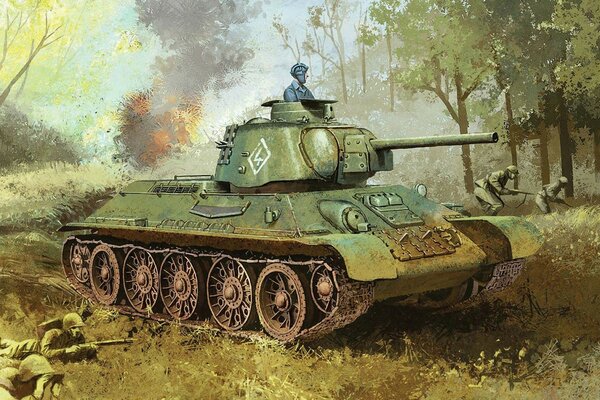 A medium Soviet T-34-76 tank is riding