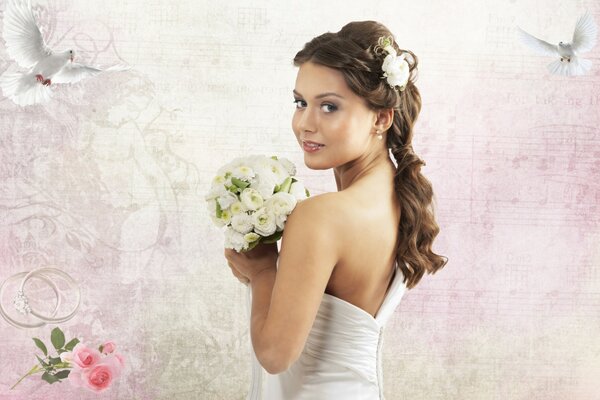 Wedding and pigeons . A beautiful bride with a bouquet!