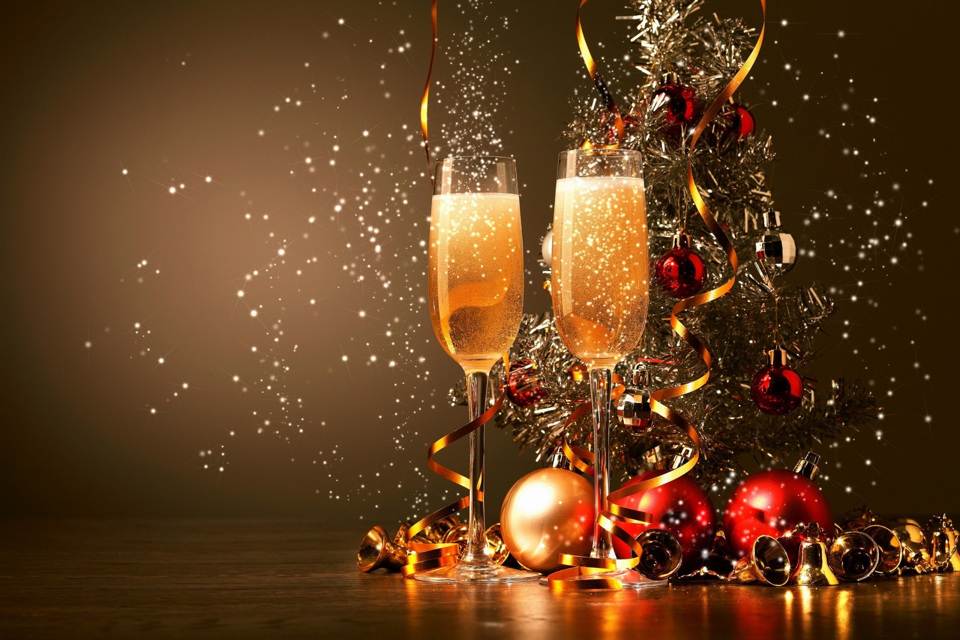 palle giocattoli di natale champagne campane occhiali felice anno nuovo tinsel vacanze