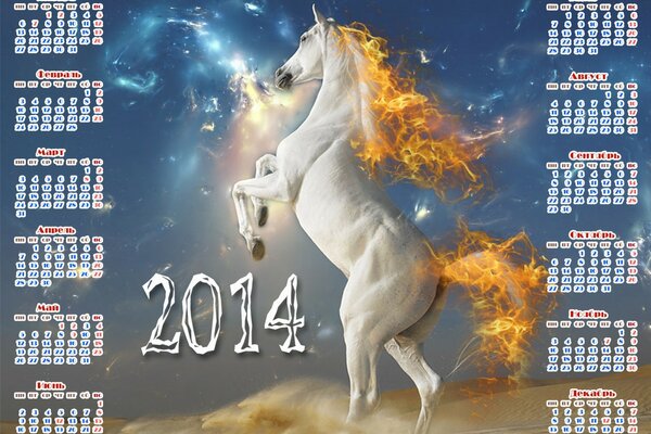 Kalendarz noworoczny na rok 2014 z białym koniem
