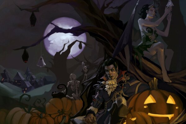 Art paintings with bats and pumpkins