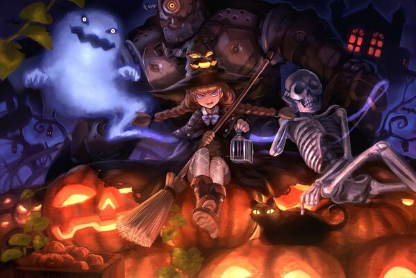 Halloween ghost, witch, skeleton and pumpkin