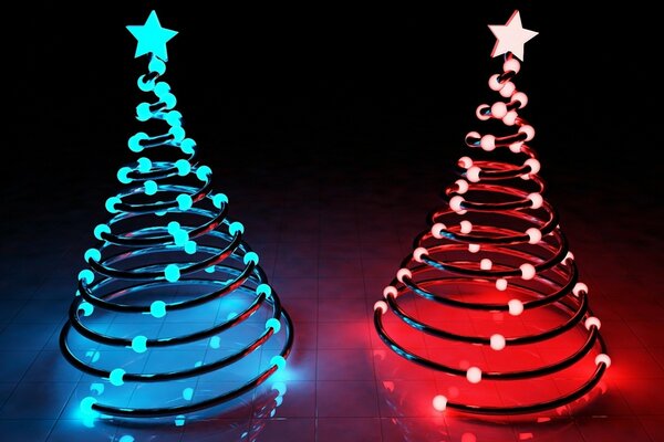 Two Christmas trees made of metal springs red and blue