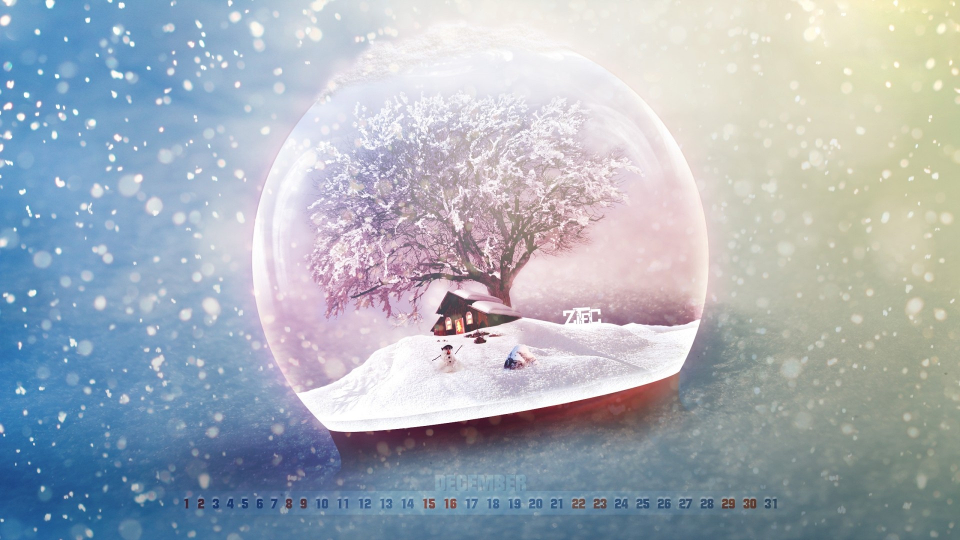 calendario árbol bola de cristal muñeco de nieve diciembre casa nieve