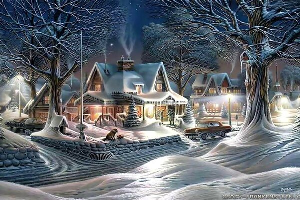 Beautiful winter picture for Christmas with a house and lights