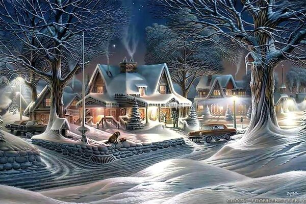 Красивая зимняя картина на Рождество с домом и огнями