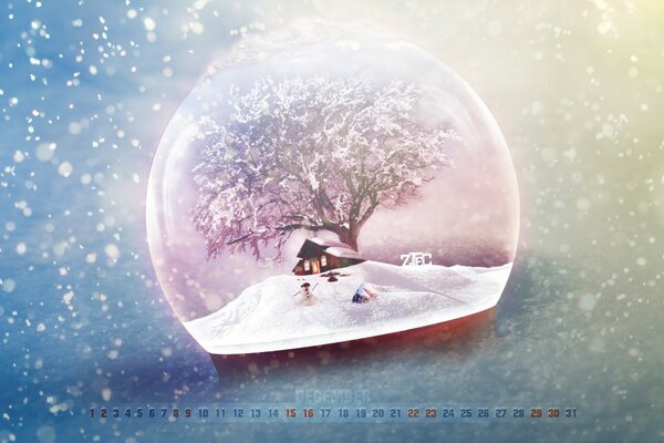 Kalender Schneekugel mit Baum