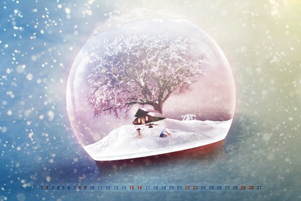Kalendarz śnieżna kula z drzewem