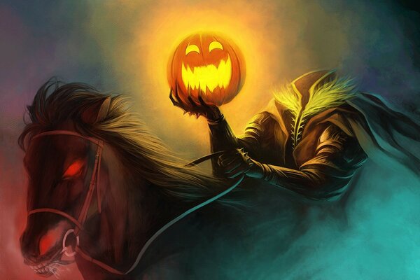 Art of a headless horseman with a pumpkin