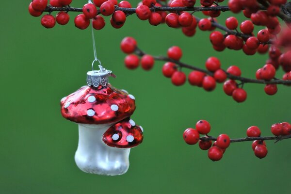 Sur les branches de baies et jouet de Noël sur fond vert