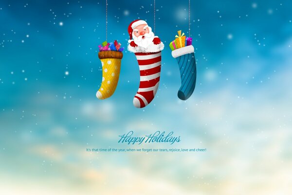 Дед Мороз и подарки в носочках на голубом фоне