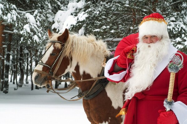 Święty Mikołaj i koń w zimowym lesie