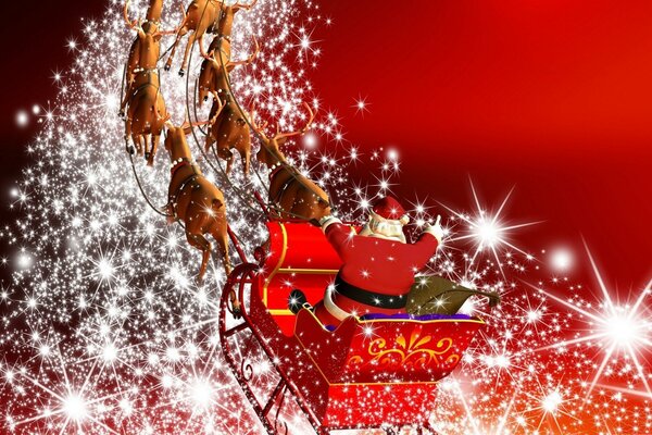 Santa Claus carries Christmas gifts on reindeer