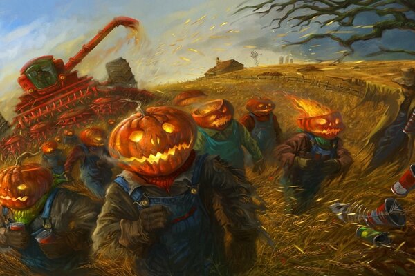 All Saints Day - creepy art with a combine harvester and evil pumpkins