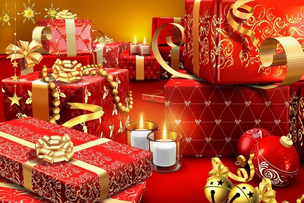 Still life of New Year s gifts in red packaging with gold ribbons