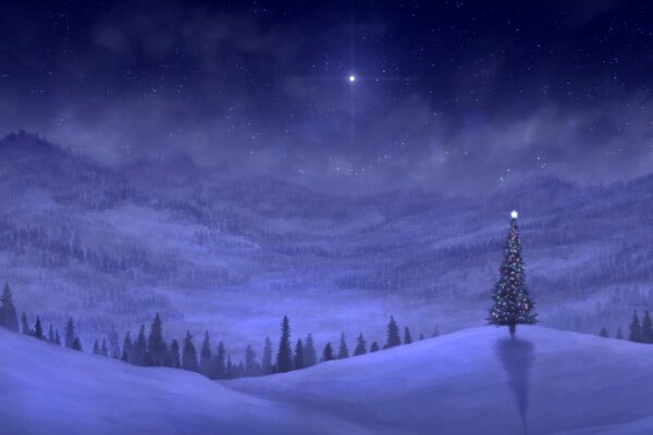 Winternacht und Weihnachtsbaum auf dem Hügel