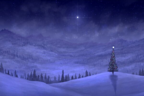 Winter night and a Christmas tree on the hill