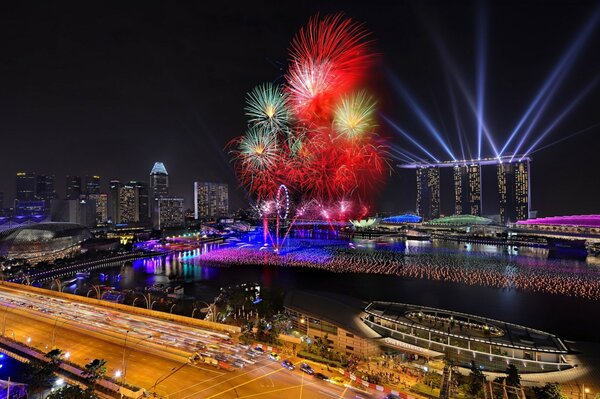 Night metropolis and festive fireworks