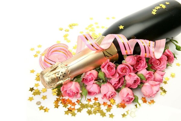 A bottle of champagne and a bouquet of roses for any holiday