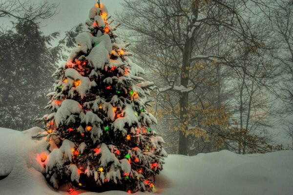 Árbol de Navidad cubierto de nieve decorado con guirnalda. Fabulosamente hermoso