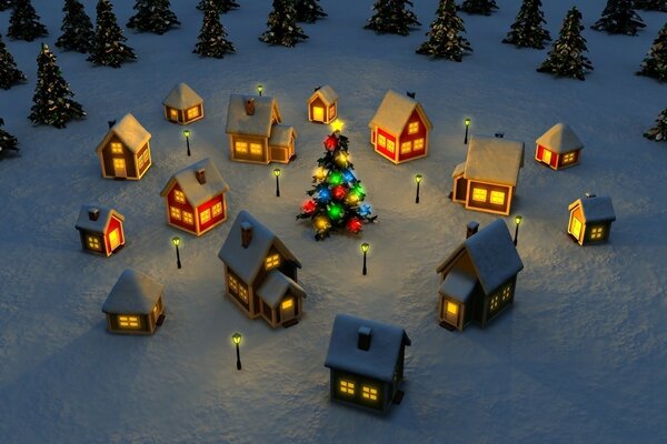 Small houses around the Christmas tree for the new year