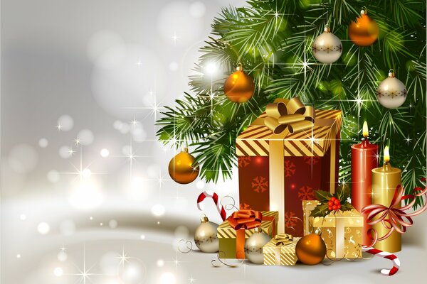 Arbre de Noël décoré avec des cadeaux et des Aras