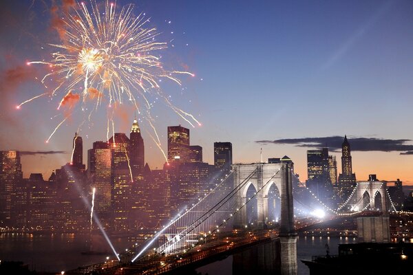 Festive fireworks on the bridge in New York
