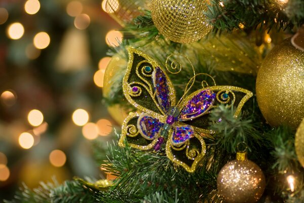 New Year s photo of a butterfly toy with a bokeh effect