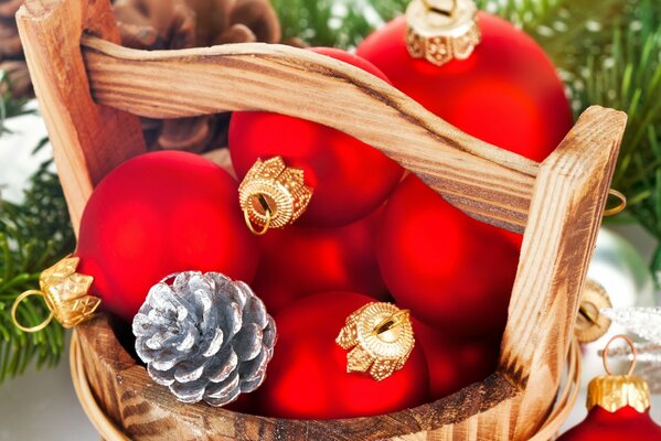 Red Christmas balls in a tub