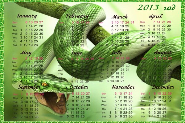 Calendar for 2013 with a green snake