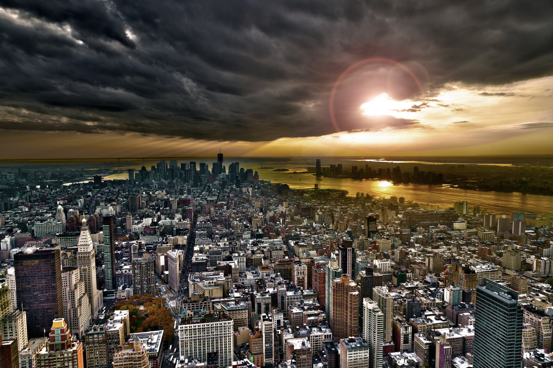 ciudad manhattan nueva york estados unidos cielo nubes rascacielos edificios