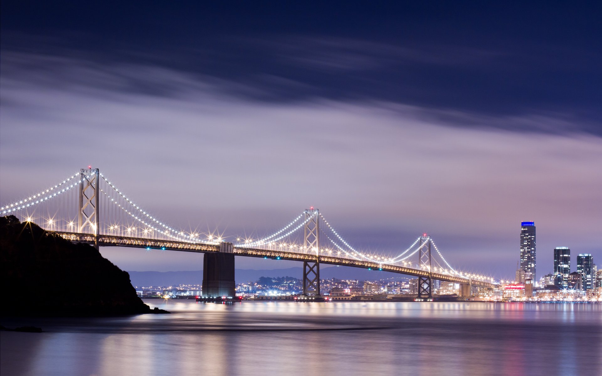 san francisco stadt brücke fluss lichter wasser reflexion himmel wolken gebäude häuser bay bridge lichter 2560x1600