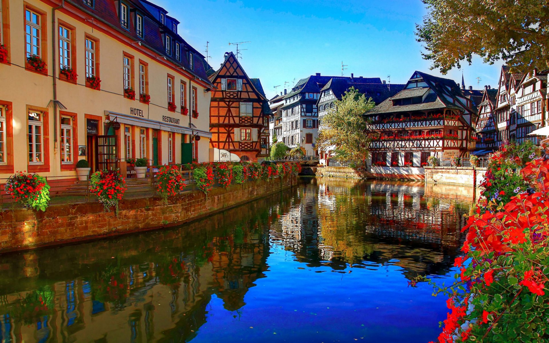 strasbourg france rivière canal architecture bâtiments maisons fleurs hôtel restaurant