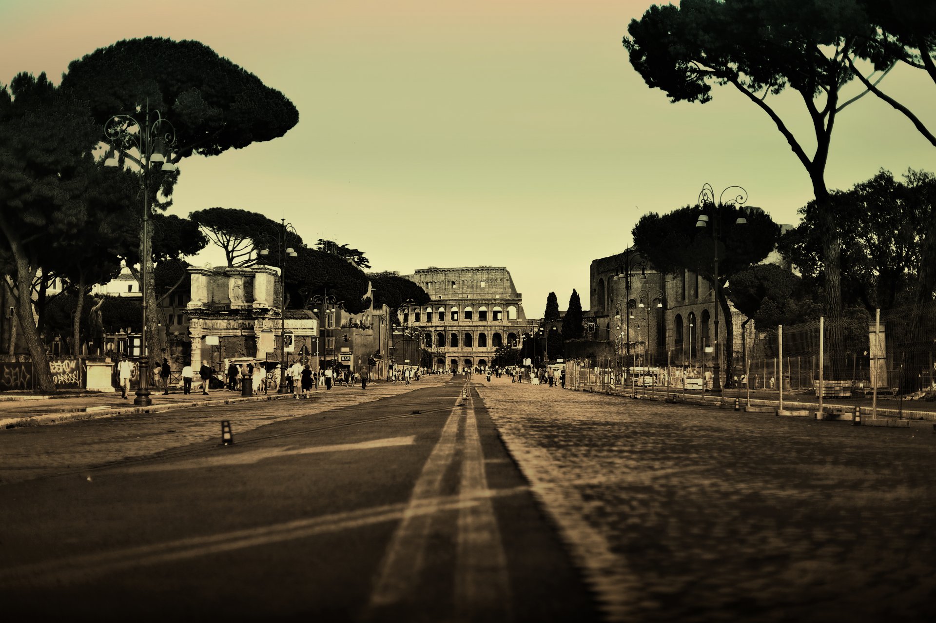 rome italy coliseum town street people road tree