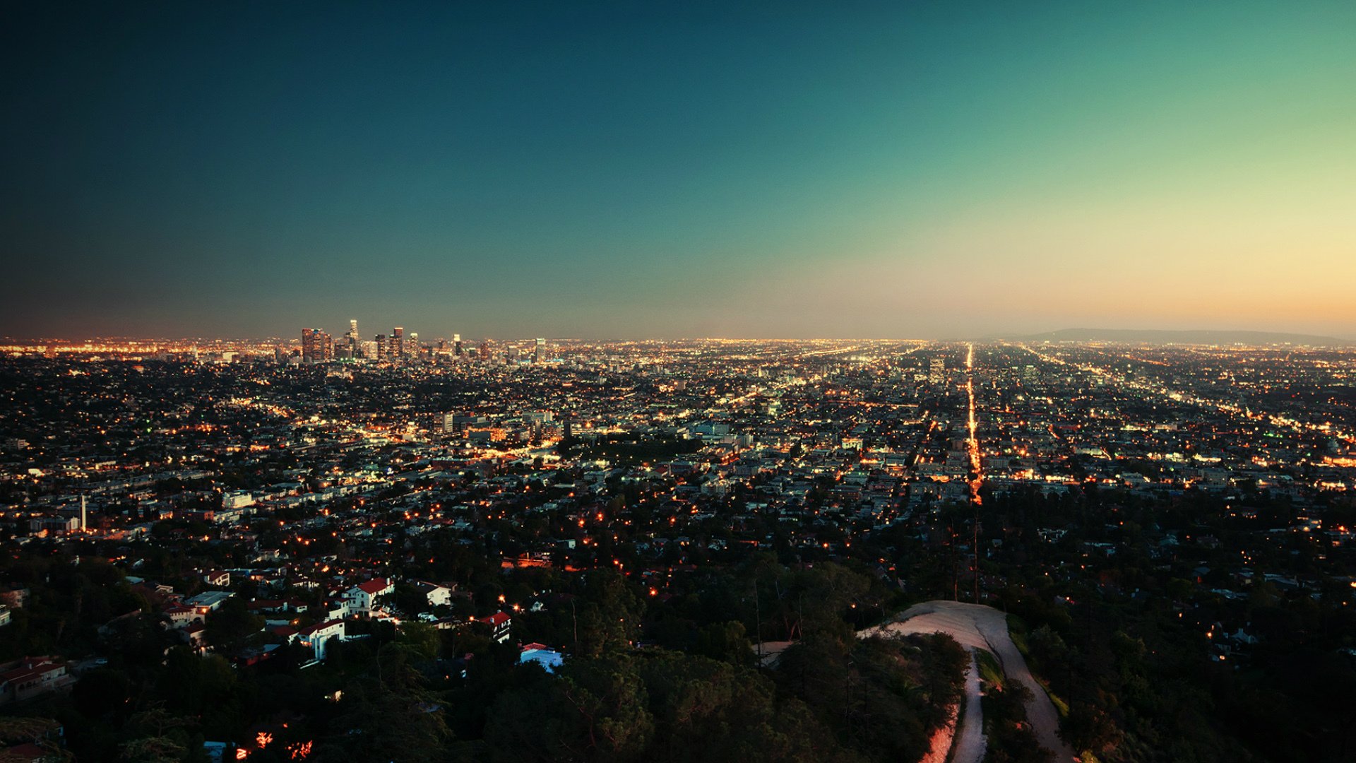 city evening lights sunset from above los angele