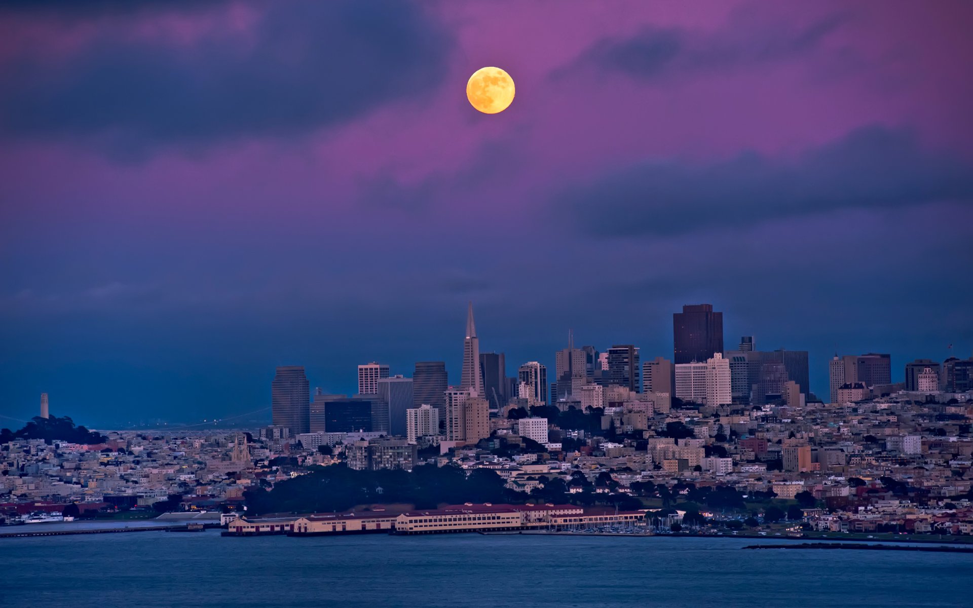 san francisco notte luna cielo baia edifici case