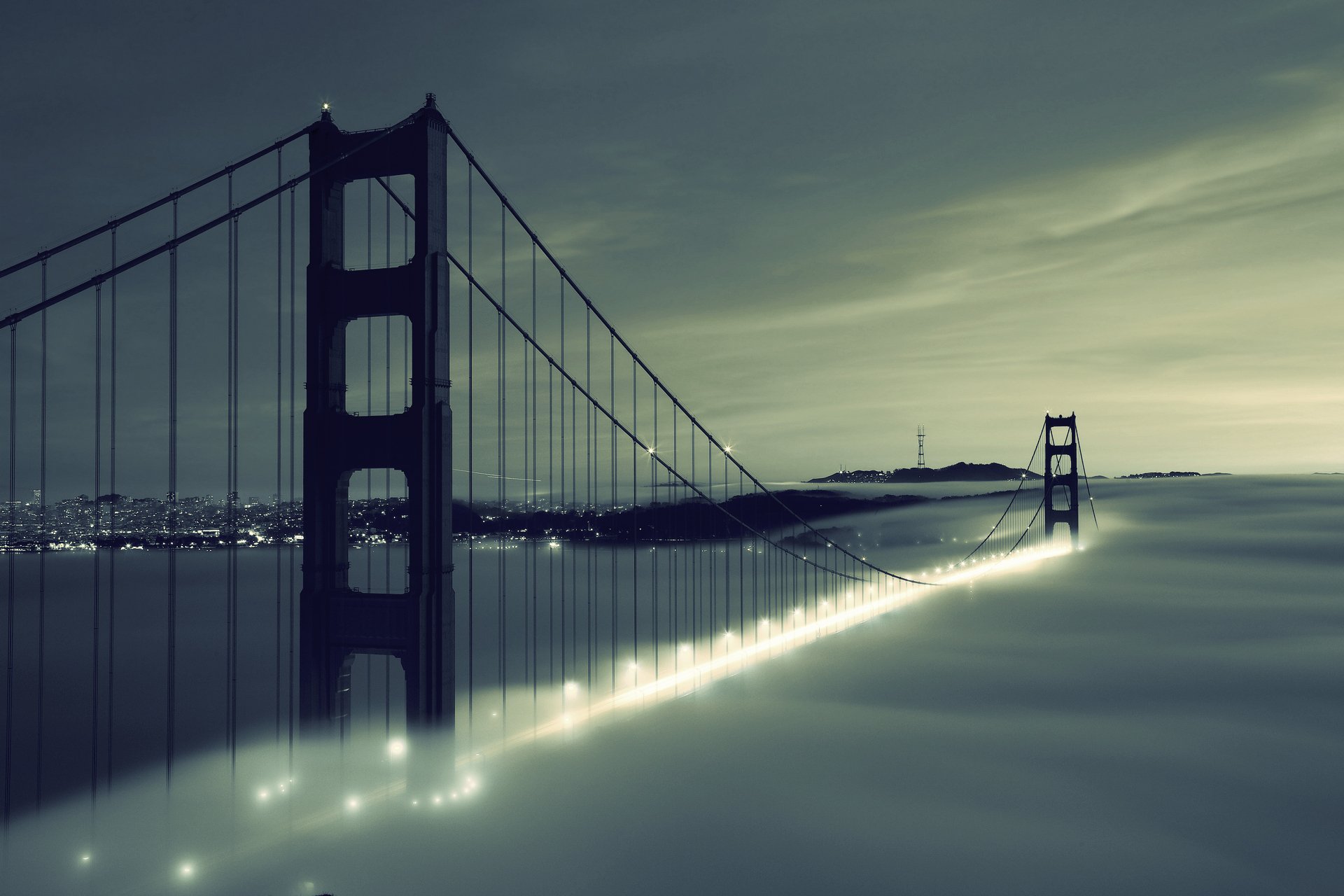 san francisco ville pont rivière lumières brouillard ciel nuages golden gate bridge lumières