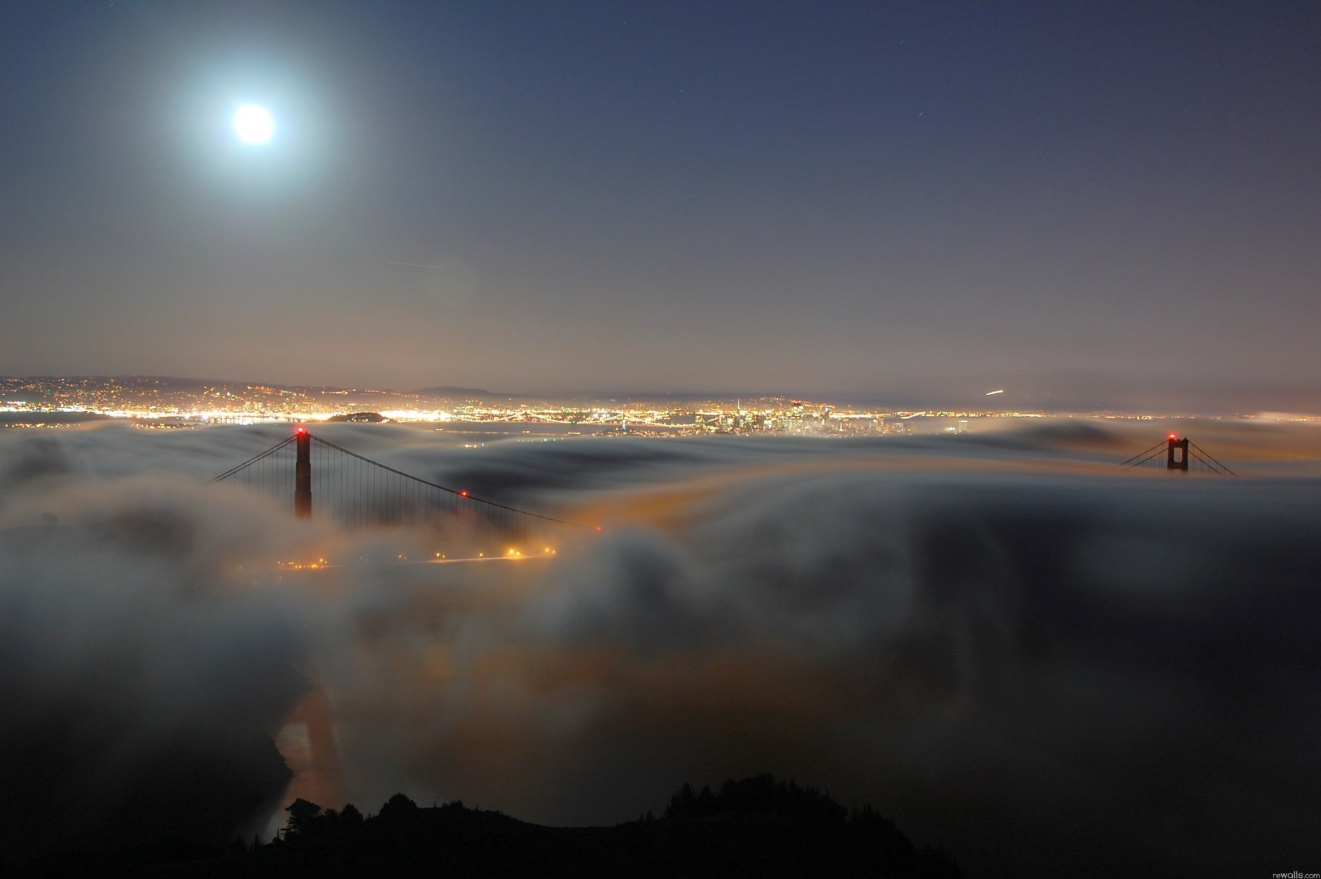 town fog haze night moon bridge lights america california san francisco golden gate usa united states strait