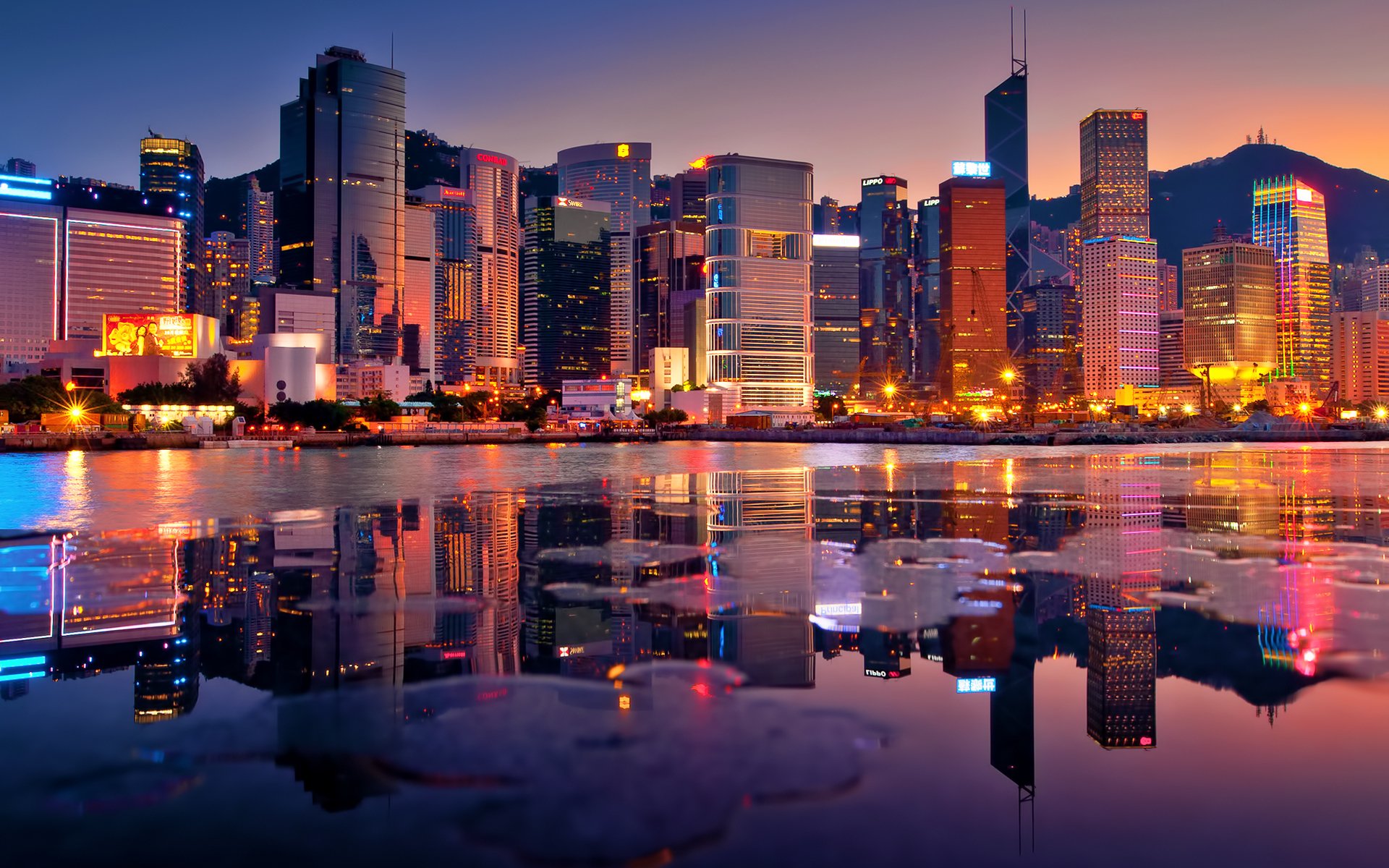 hong kong tramonto edifici grattacieli baia luci sera