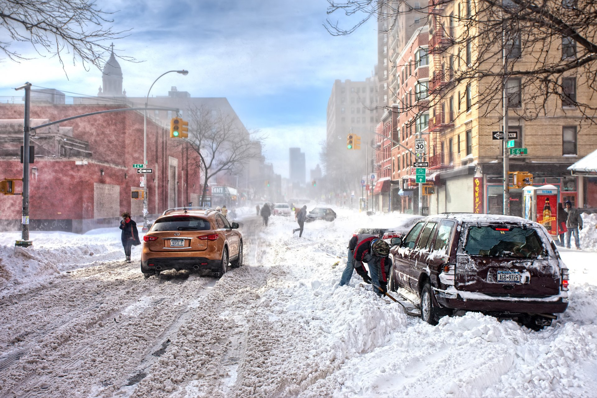 wetter schnee winter new york drifts infiniti infiniti sturm straße ampel unberührte straßen gräbt auto geschäfte tapeten usa amerika