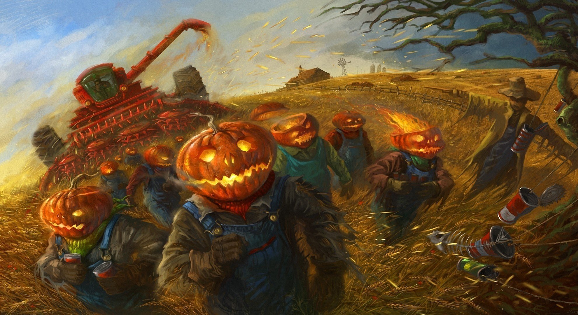 halloween pumpkins workers halloween harvest cereals field art